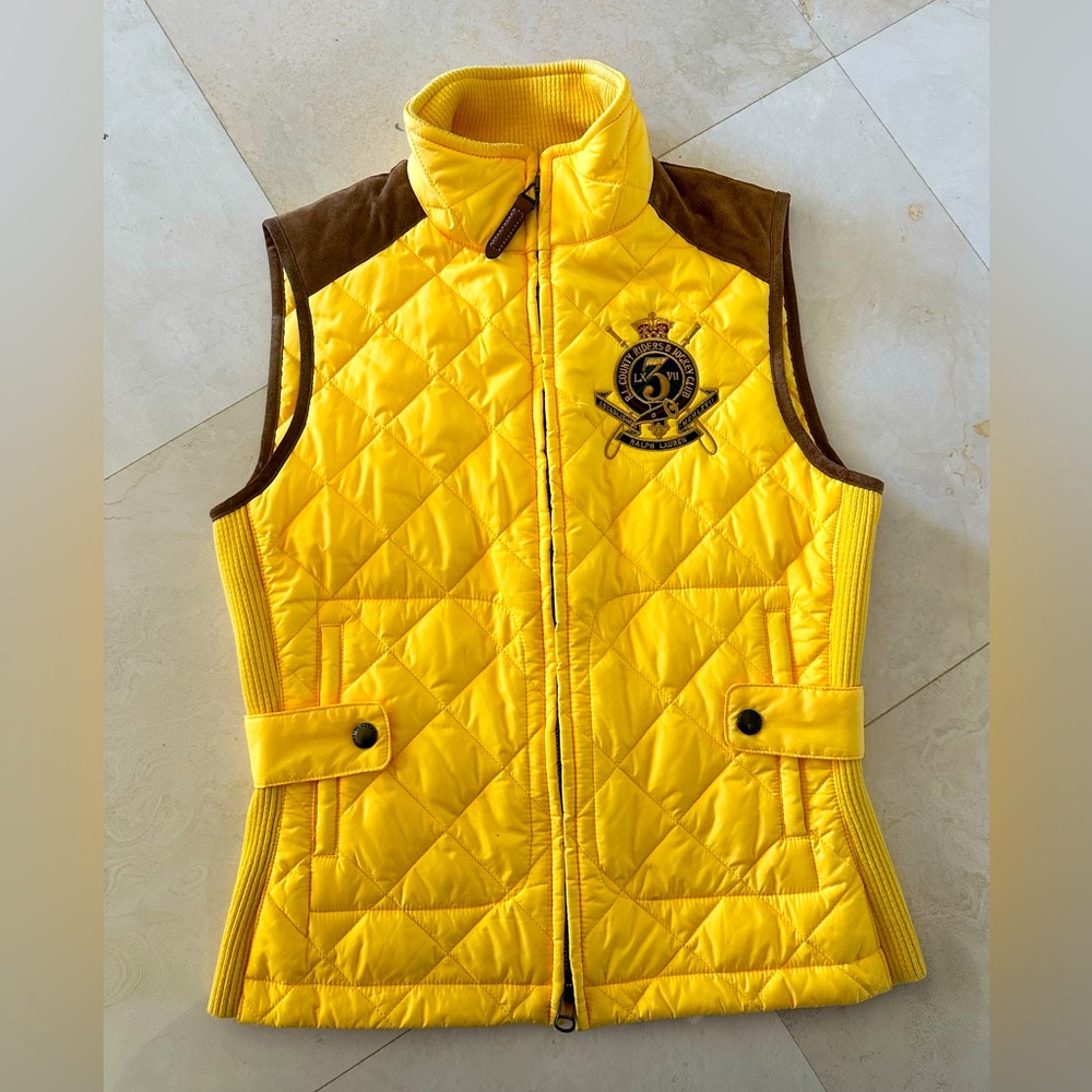 Ralph Lauren Sport Essex Crest Equestrian Vest Quilted Yellow Suede Sz S/P